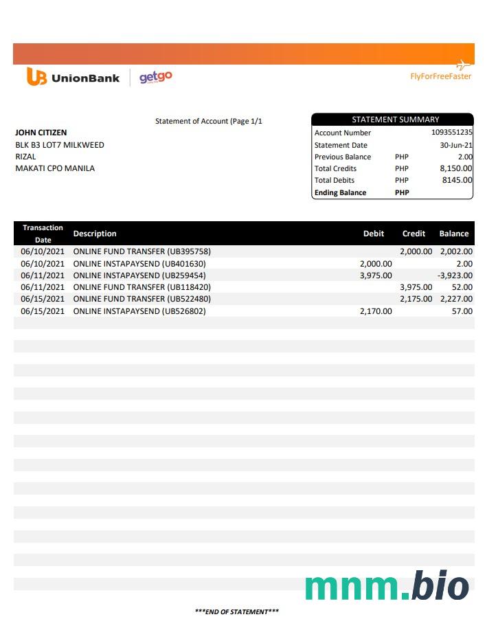 Szablon wyciągu bankowego Filipiny UCPB w programie Word i PDF